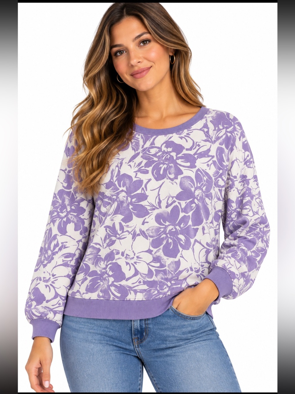 Emily Daniels Women’s XL Purple Floral Sweatshirt Pullover Crewneck Cottagecore